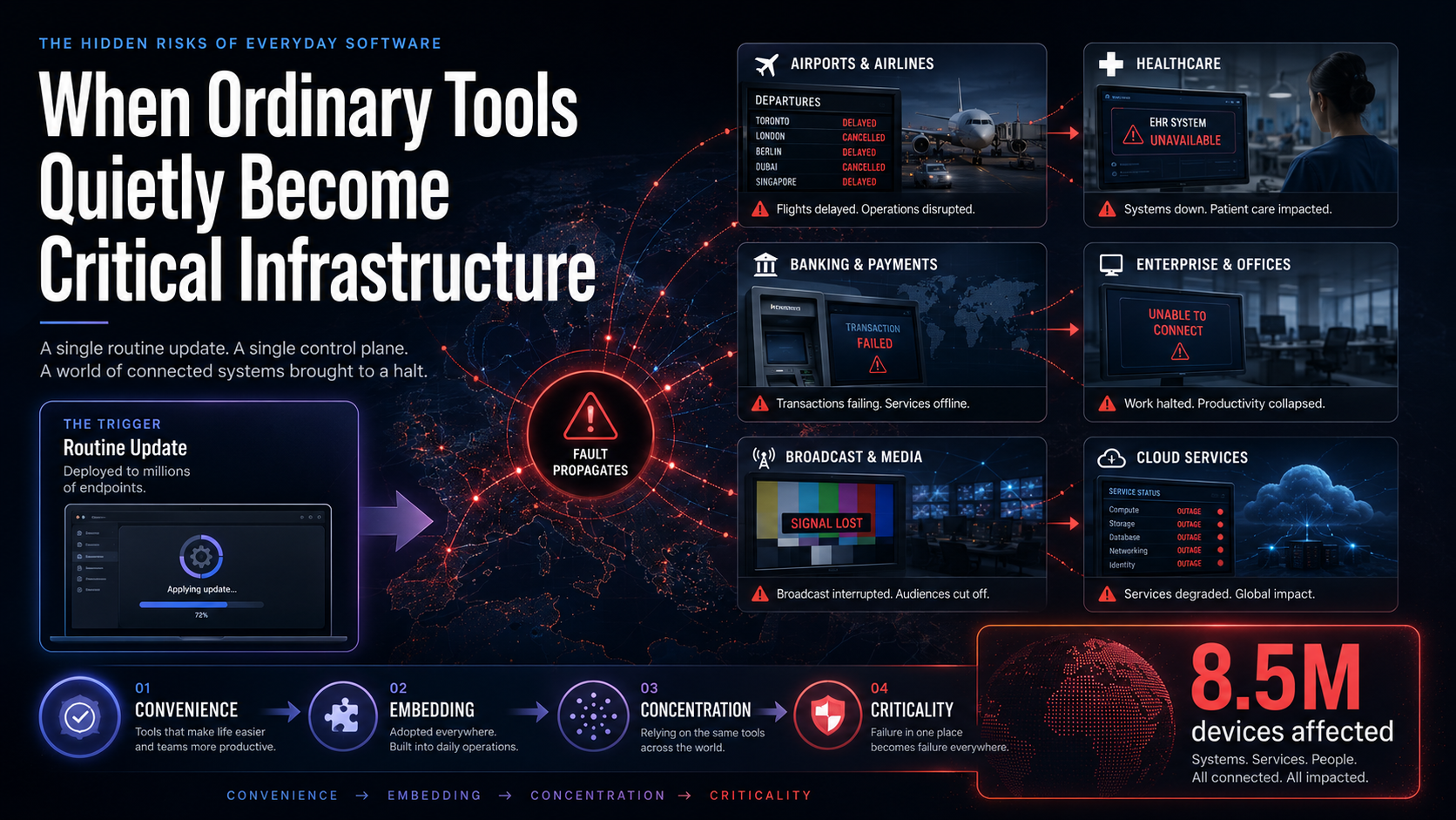 Infographic: één routinematige software-update verspreidt een fout over luchthavens, zorg, bankwezen, kantoren, omroepen en clouddiensten, met 8,5 miljoen getroffen apparaten als eindresultaat, een illustratie van de weg van gemak via inbedding en concentratie naar kritikaliteit.