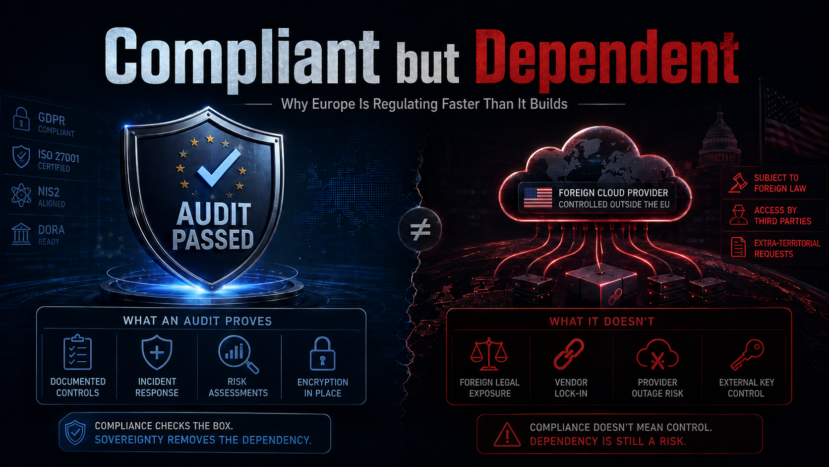 Infographic die een schild "Audit geslaagd" contrasteert met een systeem dat nog steeds verbonden is met een buitenlands gecontroleerde cloud. "Wat een audit bewijst", gedocumenteerde beheersmaatregelen, incidentrespons, risicobeoordelingen, versleuteling aanwezig, versus "wat een audit niet bewijst", blootstelling aan buitenlands recht, lock-in bij leveranciers, uitvalrisico bij de aanbieder, sleutelbeheer in externe handen. Onderschrift: compliance zet een vinkje; soevereiniteit haalt de afhankelijkheid weg.