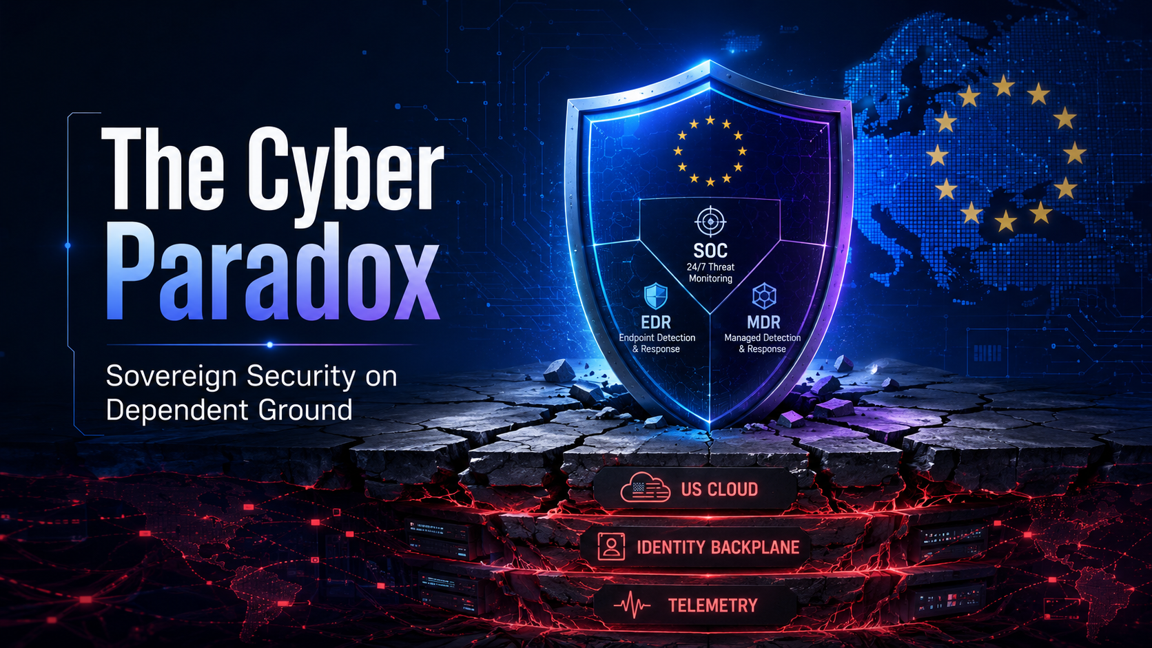 Een oplichtend EU-schild van EDR-, MDR- en SOC-capaciteiten dat staat op gebarsten grond waarvan de fundamenten zijn gelabeld als Amerikaanse cloud, identiteitsbackplane en telemetrie, het schild is niet soevereiner dan de afhankelijke bodem eronder.