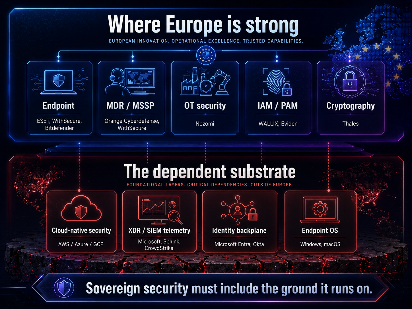 Twee gestapelde panelen. "Waar Europa sterk is": endpoint, MDR/MSSP, OT-beveiliging, IAM/PAM en cryptografie, met Europese leveranciers. "De afhankelijke ondergrond" daaronder, op gebarsten grond: cloud-native security, XDR/SIEM-telemetrie, het identiteitsbackplane en het endpoint-besturingssysteem, alle Amerikaans gecontroleerd. Onderschrift: soevereine beveiliging moet de bodem waarop ze draait omvatten.