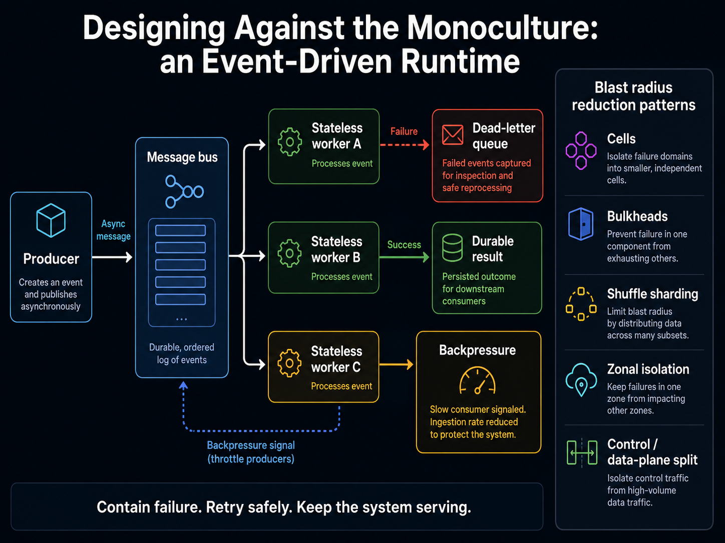Diagram van een event-driven runtime: een producer publiceert asynchrone berichten naar een duurzame, geordende berichtenbus; stateless workers verwerken ze; een mislukt bericht wordt opgevangen in een dead-letter queue voor inspectie; geslaagd werk wordt een vastgelegd, duurzaam resultaat; en backpressure remt producers af wanneer consumers achterop raken. Daarnaast patronen om de impactstraal te verkleinen: cellen, schotten, shuffle sharding, zone-isolatie en een splitsing van control plane en data plane.