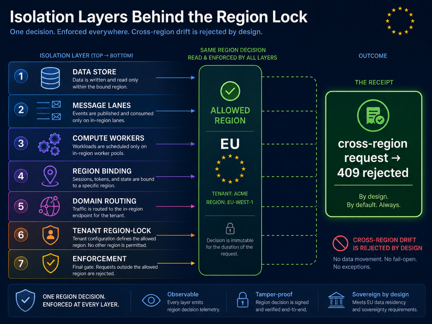 Diagram van zeven isolatielagen van onder naar boven, dataopslag, berichtbanen, rekenworkers, regiobinding, domeinrouting, regioslot per tenant en handhaving, die alle dezelfde regiobeslissing lezen en afdwingen. Rechts de uitkomst: een verzoek van buiten de regio levert "409 geweigerd" op. Onderschrift: één regiobeslissing, op elke laag afgedwongen; geen dataverplaatsing; het bewijsstuk dat soevereiniteit er doorheen is gedraad.