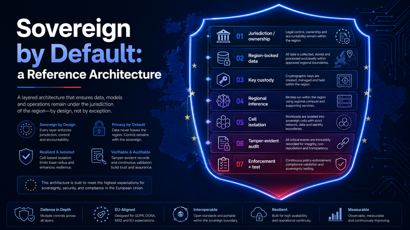 Een gelaagd referentiearchitectuurschild binnen een EU-grens, met de zeven pijlers op volgorde, jurisdictie/eigendom, regiogebonden data, sleutelbeheer, regionale inferentie, celisolatie, tamper-evident audittrail, handhaving + test, met kanttekeningen over soeverein by design, privacy by default, weerbaarheid en auditeerbaarheid.