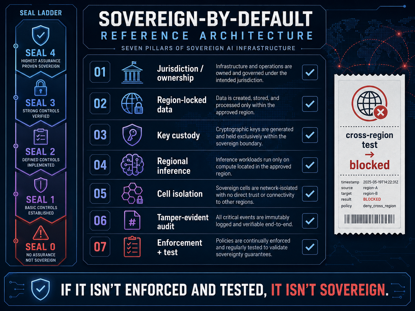 De zeven pijlers van een architectuur die soeverein by default is, als checklist, jurisdictie/eigendom, regiogebonden data, sleutelbeheer, regionale inferentie, celisolatie, tamper-evident audittrail, handhaving + test, naast de SEAL-assuranceschaal 0–4 en een bewijsstuk "cross-regiotest → geblokkeerd". Bijschrift: wat niet wordt afgedwongen en getest, is niet soeverein.