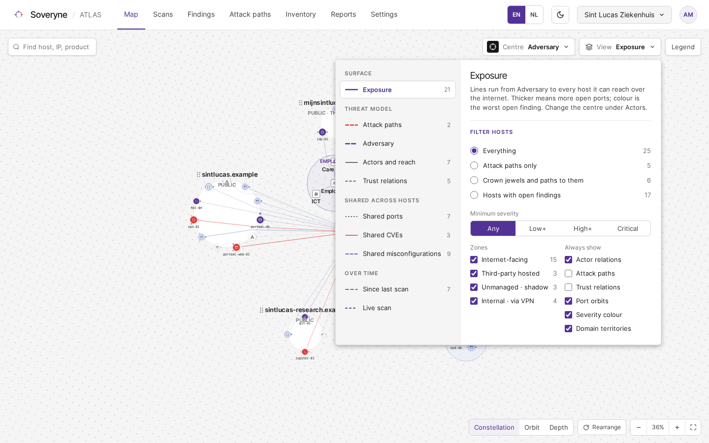 Het geopende menu View op de Map, met de weergaven en de hostfilters