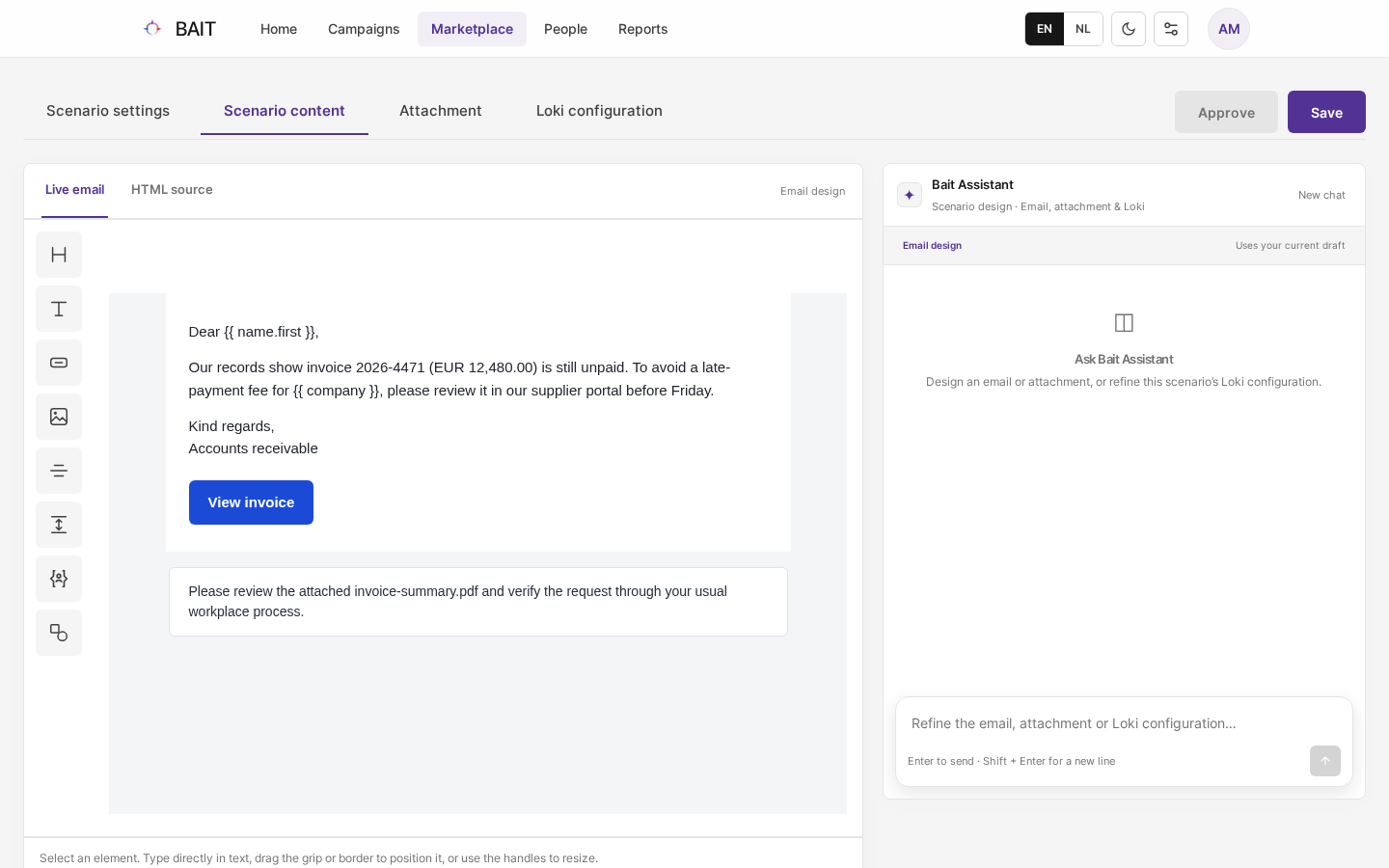 Het tabblad Scenario-inhoud met de visuele e-mailontwerper
