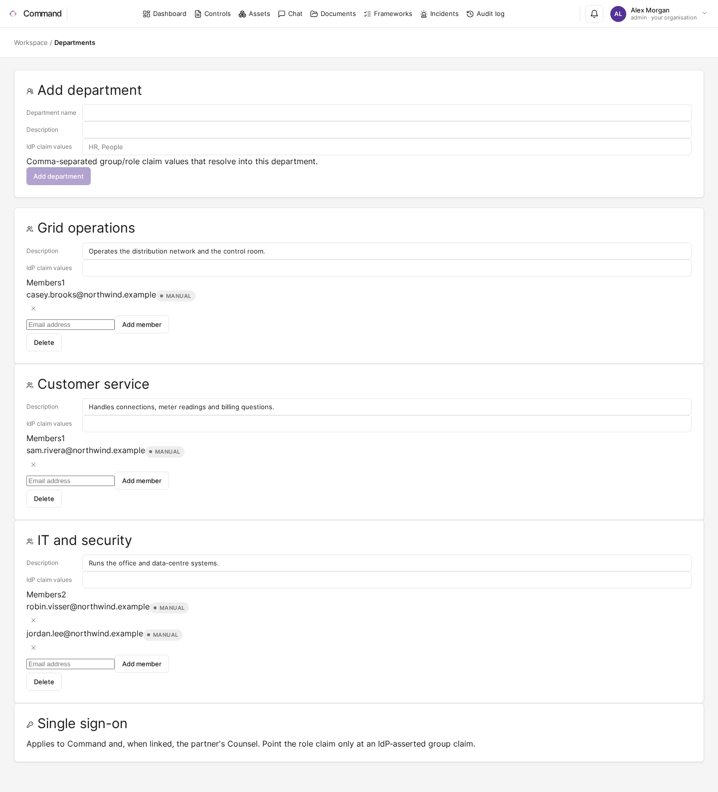 De pagina Afdelingen met afdelingen, hun leden en de instellingen voor single sign-on