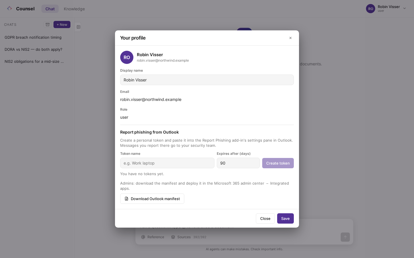 De kaart Phishing melden vanuit Outlook in Je profiel, met het formulier Token maken