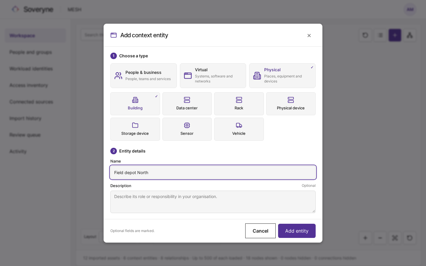 Het venster Add context entity met de categorie Physical en het type Building geselecteerd