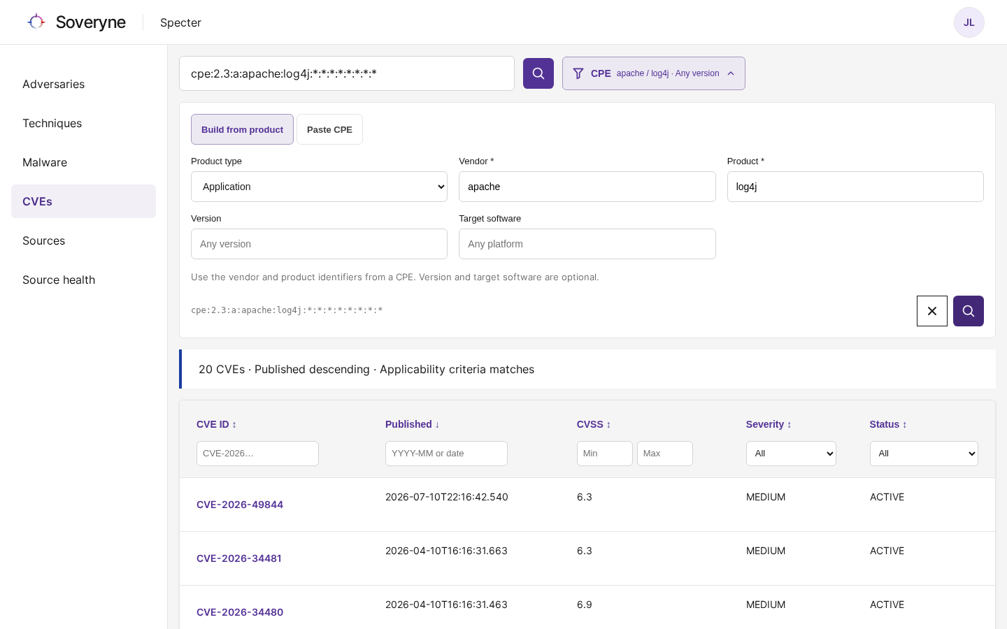 Het CPE-productfilter opgebouwd voor apache / log4j, met de bijbehorende CVE's eronder