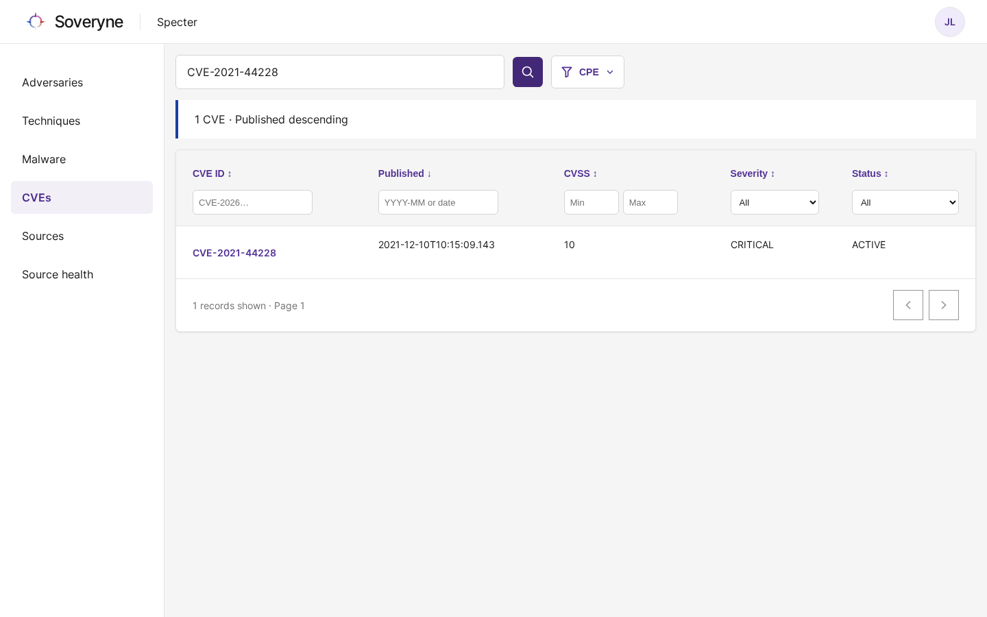 De pagina CVEs na een zoekopdracht naar één CVE-ID