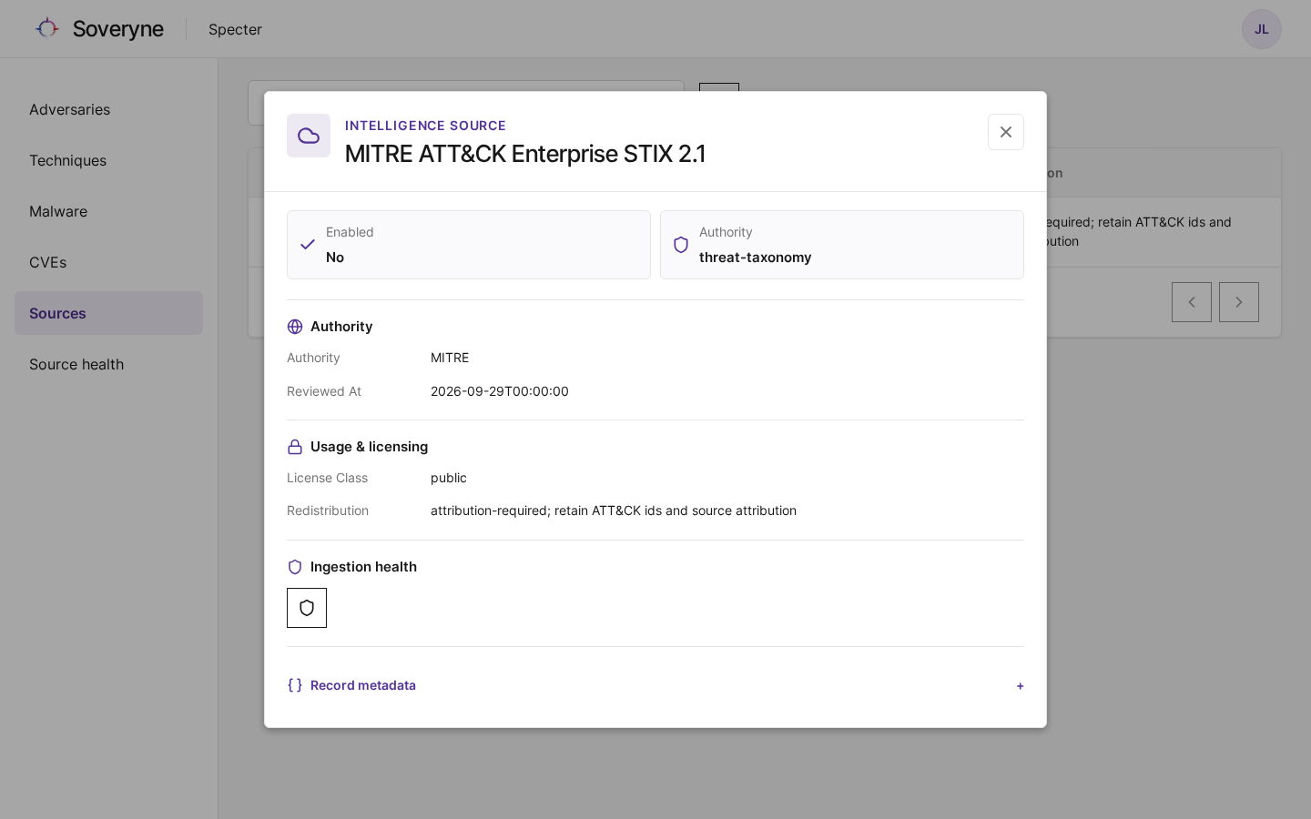 Het record van de bron MITRE ATT&CK Enterprise met de licentievoorwaarden
