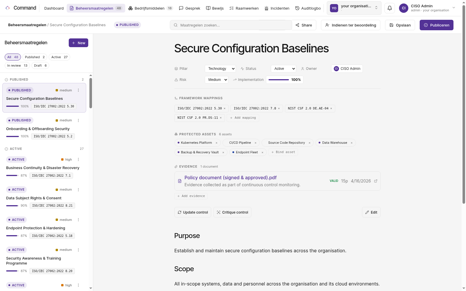 Een control met framework-mappings en beschermde assets