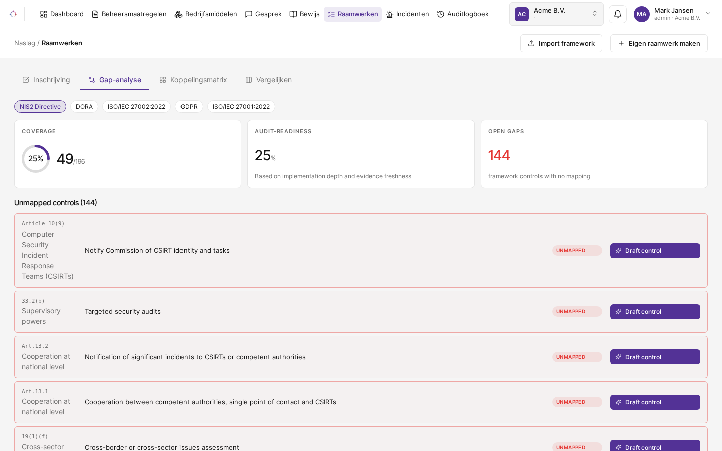Gap-analyse per framework